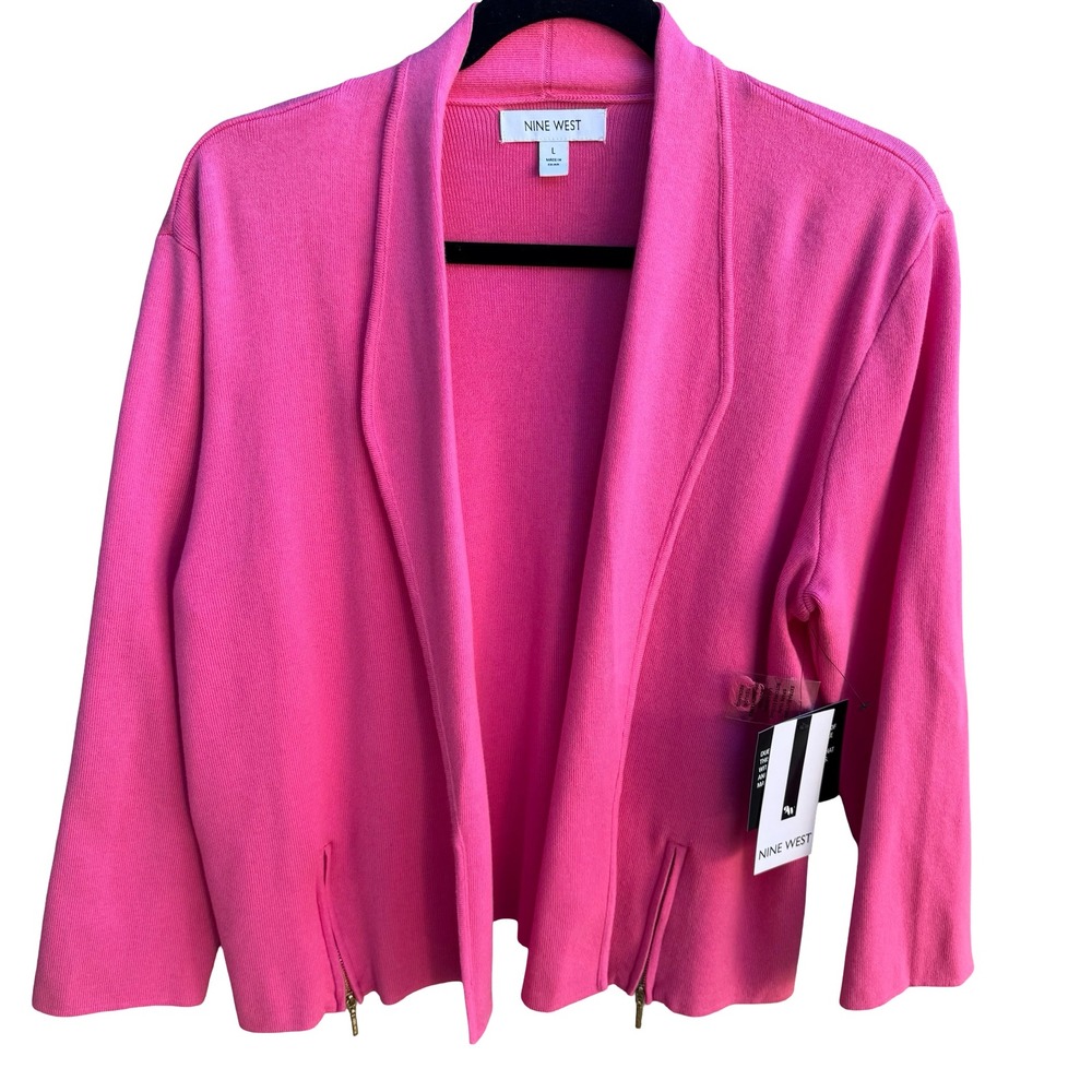 Nine West Minimalist Preppy Open Front Side Zip Cardigan Sweater Hot Pink L NWT